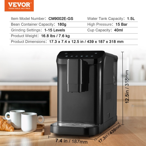 Machine à espresso automatique de 15 bars VEVOR – Moulin intégré avec réglages de mouture à 15 niveaux, cafetière à espresso professionnelle avec