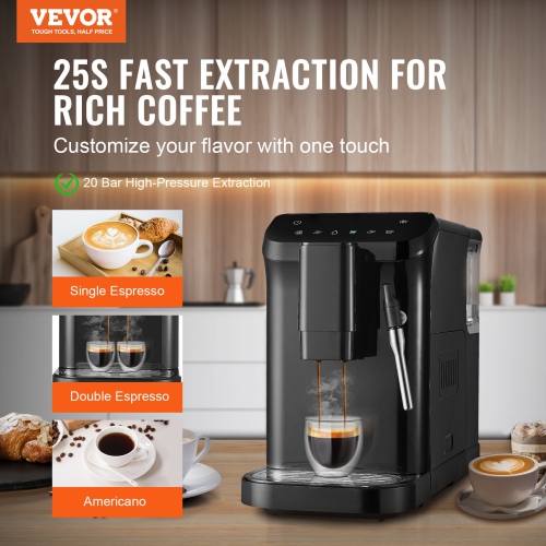 VEVOR 20 Bar Automatic Espresso Machine, with Frother Steam Wand, Built-In Grinder and 15-Level Grinding Settings, Professional Espresso Coffee Maker