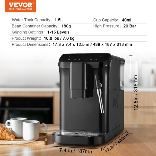VEVOR 20 Bar Automatic Espresso Machine, with Frother Steam Wand, Built-In Grinder and 15-Level Grinding Settings, Professional Espresso Coffee Maker