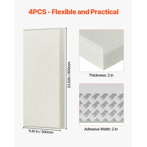 Panneaux acoustiques VEVOR 4 PCS, 2&nbsp;po d'épaisseur, 23,6x11.8 en fibre de verre, panneaux muraux insonorisants auto-adhésifs, pour les studios,