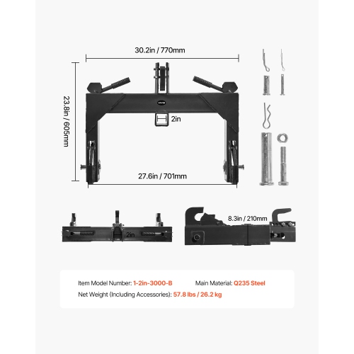 VEVOR 3-Point Quick Hitch with 2 in Receiver, 3000Lbs Lift Capacity, 3-Pt Hitch with 5 Level Adjustable Bolt, Fits Category 1 & 2 Tractor, Heavy Duty