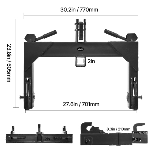 VEVOR 3-Point Quick Hitch with 2 in Receiver, 3000Lbs Lift Capacity, 3-Pt Hitch with 5 Level Adjustable Bolt, Fits Category 1 & 2 Tractor, Heavy Duty
