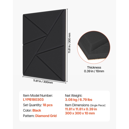 VEVOR 18 Pack Acoustic Panels with Self Adhesive, 11.8x11.8x0.4 in Sound Proof Foam Panels, Polyester Fiber Soundproof Panels High Density, for