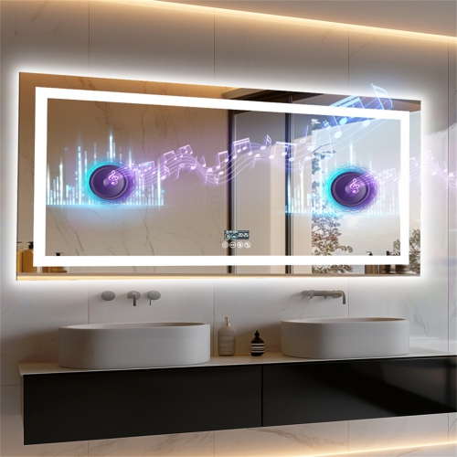LUVODI 48''x24'' LED Bathroom Mirror with Lights, Built-in Bluetooth Speaker, Anti-Fog Dimmable 3 Lights Setting Backlit + Front Lit, Lighted Vanity
