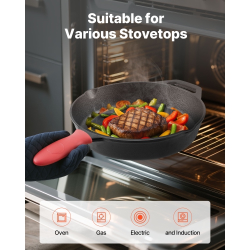 Poêle en fonte 4 pièces VEVOR, ensemble de poêles à frire, poêles avec poignée en silicone résistant à la chaleur, poêle préassaisonnée, pour four,