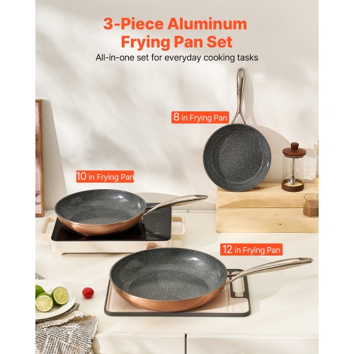 VEVOR 3-Piece Frying Pan Skillet(8/10/12in), Aluminum Fry Pans, Nonsitck Ceramic Heavy-Duty Skillets with Heat-Resistant Handle, Cookware, for Oven,