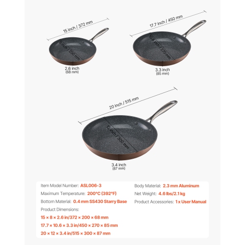 VEVOR 3-Piece Frying Pan Skillet(8/10/12in), Aluminum Fry Pans, Nonsitck Ceramic Heavy-Duty Skillets with Heat-Resistant Handle, Cookware, for Oven,