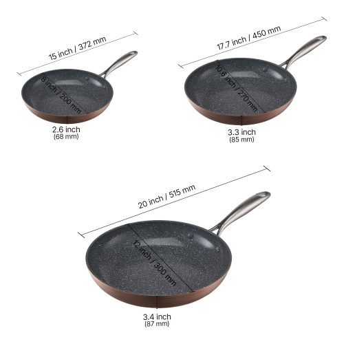 VEVOR 3-Piece Frying Pan Skillet(8/10/12in), Aluminum Fry Pans, Nonsitck Ceramic Heavy-Duty Skillets with Heat-Resistant Handle, Cookware, for Oven,