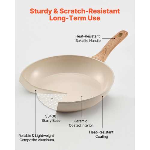 VEVOR 3-Piece Frying Pan Skillet(8/9.5/11in), Aluminum Pans, Nonsitck Ceramic Heavy-Duty Skillets with Heat-Resistant Handle, Kitchen Cookware for