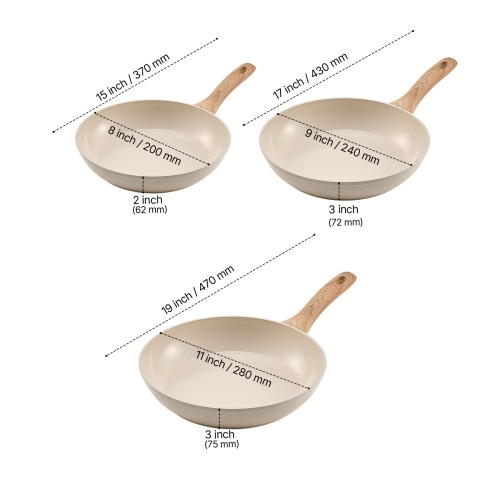 VEVOR 3-Piece Frying Pan Skillet(8/9.5/11in), Aluminum Pans, Nonsitck Ceramic Heavy-Duty Skillets with Heat-Resistant Handle, Kitchen Cookware for