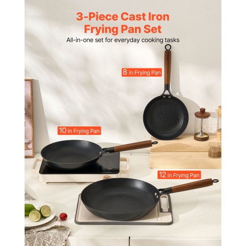 VEVOR 3-Piece Cast Iron Skillet, Frying Pan Set, Nonstick Skillets with Detachable Wood Handle, Pre-Seasoned Pan, Cookware for Gas, Electrical, and