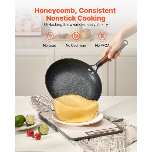 VEVOR 3-Piece Cast Iron Skillet, Frying Pan Set, Nonstick Skillets with Detachable Wood Handle, Pre-Seasoned Pan, Cookware for Gas, Electrical, and