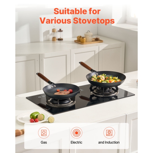 VEVOR 3-Piece Cast Iron Skillet, Frying Pan Set, Nonstick Skillets with Detachable Wood Handle, Pre-Seasoned Pan, Cookware for Gas, Electrical, and