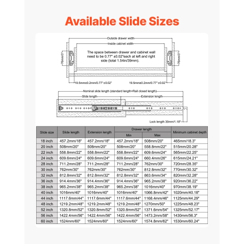 VEVOR 2-Set Drawer Rails, Sizes Ranging from 16 to 60 inches, 500 lbs Weight Limit, Locking Mechanism Included, Ball Bearing Side Mount Drawer Slide