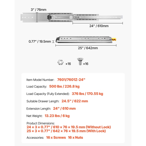 VEVOR 2-Set Drawer Rails, Sizes Ranging from 16 to 60 inches, 500 lbs Weight Limit, Locking Mechanism Included, Ball Bearing Side Mount Drawer Slide