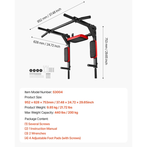 VEVOR 440 lbs Weight Capacity Multifunctional Pull Up Bar, Wall Mounted Chin Up Bar Dip Station for Home Gym, Heavy Duty Steel Upper Body Workout