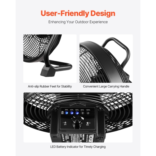 VEVOR 10 inch Rechargeable Battery Operated Camping Floor, High Velocity Portable Outdoor Fan with Metal Frame, Copper Brushless Motor, 360-degree