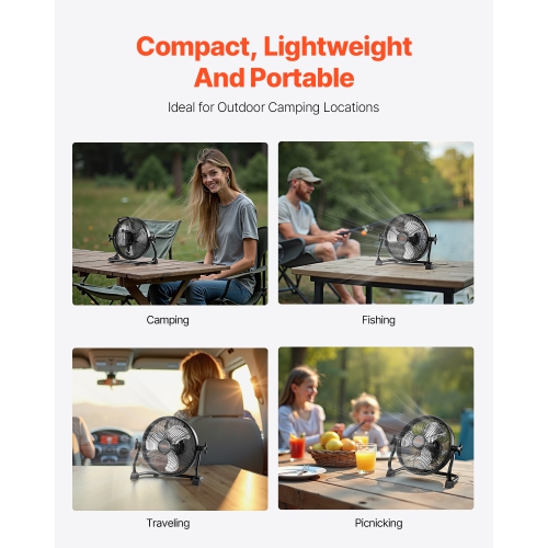VEVOR 10 inch Rechargeable Battery Operated Camping Floor, High Velocity Portable Outdoor Fan with Metal Frame, Copper Brushless Motor, 360-degree