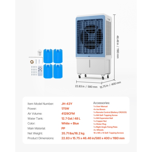 VEVOR 4129 CFM Evaporative Air Cooler, with 12.7 Gallon Water Tank Swamp Cooler, Portable Cooling Fan with Remote Control, 12H Timer, 4 Ice Boxes,