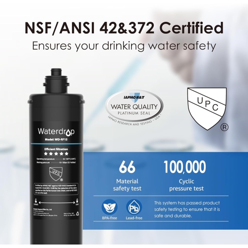 Cartouche de filtre de rechange RF15 de Waterdrop pour filtre à eau de dessous d'évier 15RD/15UB/15BLK