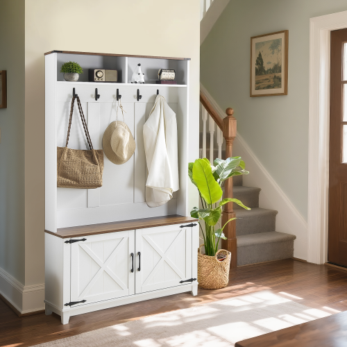 U-HOMY 5-in-1 Entryway Hall Tree with Bench, Shoe Storage & Hooks - White