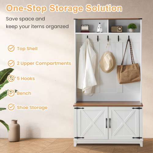U-HOMY 5-in-1 Entryway Hall Tree with Bench, Shoe Storage & Hooks - White