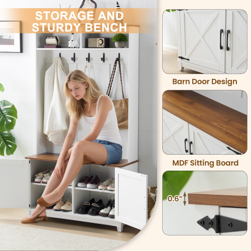 U-HOMY 5-in-1 Entryway Hall Tree with Bench, Shoe Storage & Hooks - White
