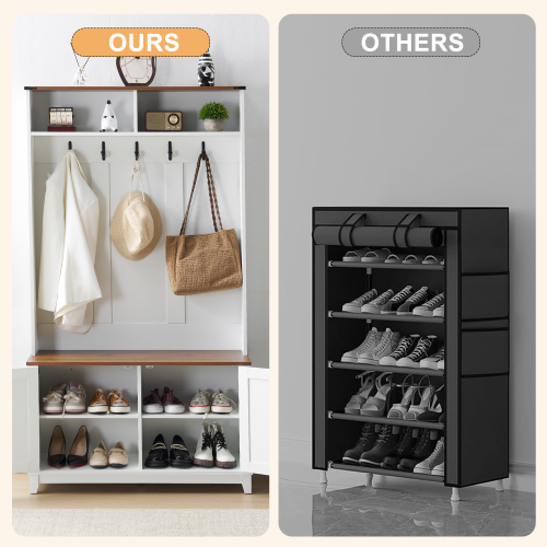 U-HOMY 5-in-1 Entryway Hall Tree with Bench, Shoe Storage & Hooks - White