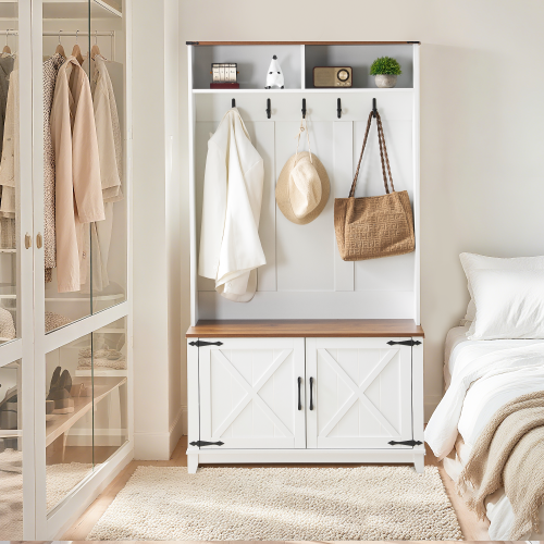 U-HOMY 5-in-1 Entryway Hall Tree with Bench, Shoe Storage & Hooks - White