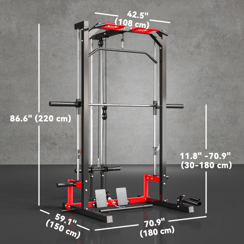 Soozier Power Cage Smith Machine, Multi-Function Power Rack with Pull Up Bar, Lat Pull Down System, Squat Rack, Barbell Bar, Landmine, Plate Storage