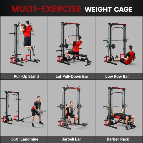 Soozier Power Cage Smith Machine, Multi-Function Power Rack with Pull Up Bar, Lat Pull Down System, Squat Rack, Barbell Bar, Landmine, Plate Storage