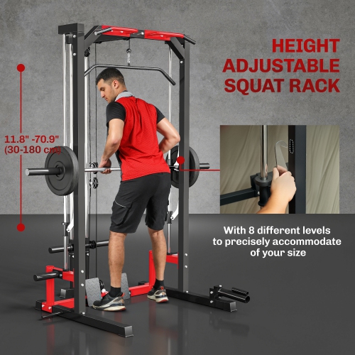 Soozier Power Cage Smith Machine, Multi-Function Power Rack with Pull Up Bar, Lat Pull Down System, Squat Rack, Barbell Bar, Landmine, Plate Storage
