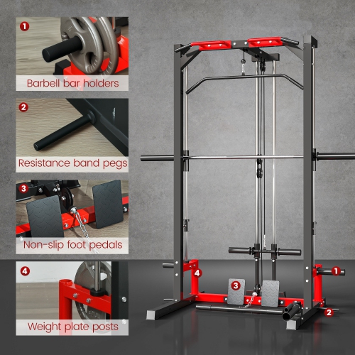 Soozier Power Cage Smith Machine, Multi-Function Power Rack with Pull Up Bar, Lat Pull Down System, Squat Rack, Barbell Bar, Landmine, Plate Storage