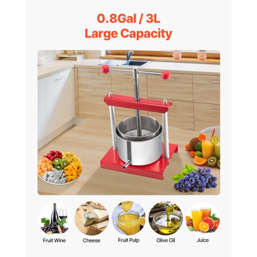VEVOR 0.8 Gal/ 3 L Fruit Wine Press, 2 Stainless Steel Barrels, Manual Juice Maker, Cider Apple Grape Tincture Honey Olive Oil Making Press with