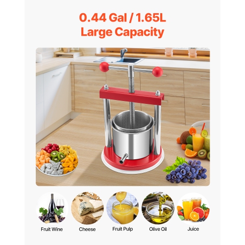 VEVOR 0.44Gal/1.65L Fruit Wine Press, 2 Stainless Steel Barrels, Manual Juice Maker, Cider Apple Grape Tincture Honey Olive Oil Making Press with