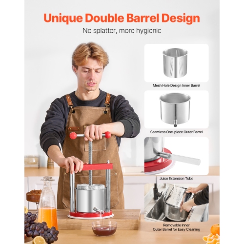 VEVOR 0.44Gal/1.65L Fruit Wine Press, 2 Stainless Steel Barrels, Manual Juice Maker, Cider Apple Grape Tincture Honey Olive Oil Making Press with