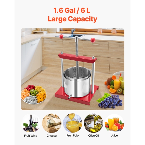 VEVOR 1.6 Gal/ 6 L Fruit Wine Press, 2 Stainless Steel Barrels, Manual Juice Maker, Cider Apple Grape Tincture Honey Olive Oil Making Press with