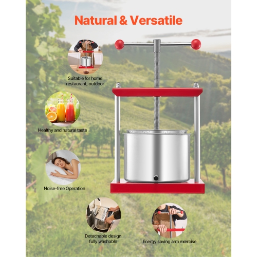 VEVOR 1.6 Gal/ 6 L Fruit Wine Press, 2 Stainless Steel Barrels, Manual Juice Maker, Cider Apple Grape Tincture Honey Olive Oil Making Press with