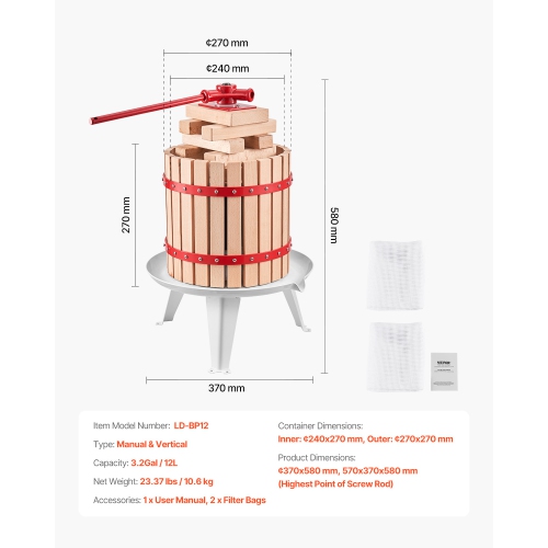 VEVOR 3.2 Gal/ 12 L Fruit Wine Press, Solid Wood Basket with 8 Blocks, Heavy Duty Manual Juice Maker, Cider Apple Grape Honey Olive Oil Making Press