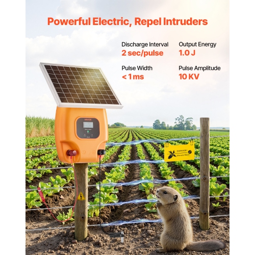 VEVOR 1J 8 kV Solar Fence Charger, Solar Powered Fence Charger, 1.86 Miles Range, Electric Fence Energizer Kit, Keep Out Predators, 3 Days Runtime,
