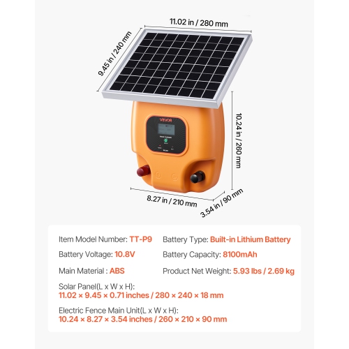 VEVOR 1J 8 kV Solar Fence Charger, Solar Powered Fence Charger, 1.86 Miles Range, Electric Fence Energizer Kit, Keep Out Predators, 3 Days Runtime,