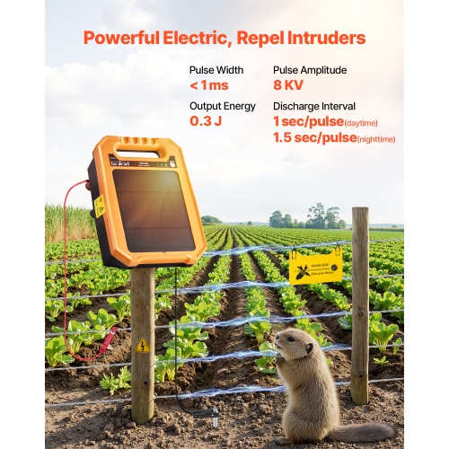 VEVOR 0.3J 8 kV Solar Fence Charger, Solar Powered Fence Charger, 1.86 Miles Range, Weather-Resistant Electric Fence Energizer Kit, 7 Days Runtime,
