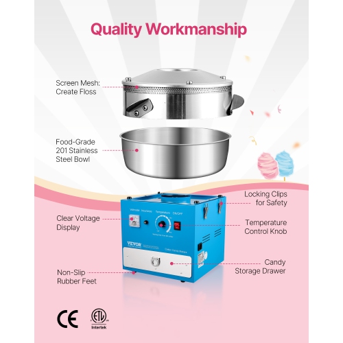 VEVOR 1000W Electric Cotton Candy Machine, Commercial Candy Floss Maker with 20.5 in Stainless Steel Bowl, Sugar Scoop, and Drawer, Easy Home Use,