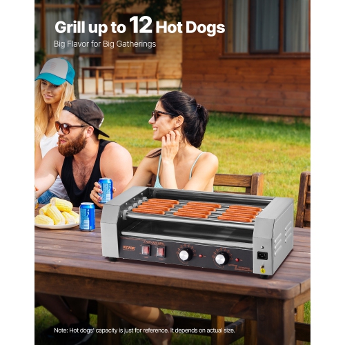 VEVOR 750W Hot Dog Roller, 12 Hot Dog 5 Rollers, Stainless Steel Sausage Grill Cooker, Hot Dog Machine with Dual Temp Control, Removable Oil Drip
