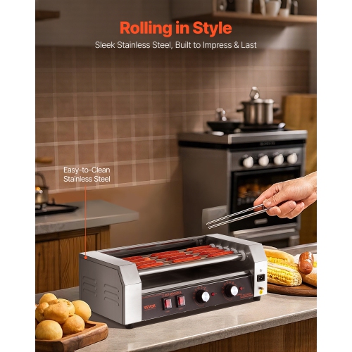 VEVOR 750W Hot Dog Roller, 12 Hot Dog 5 Rollers, Stainless Steel Sausage Grill Cooker, Hot Dog Machine with Dual Temp Control, Removable Oil Drip