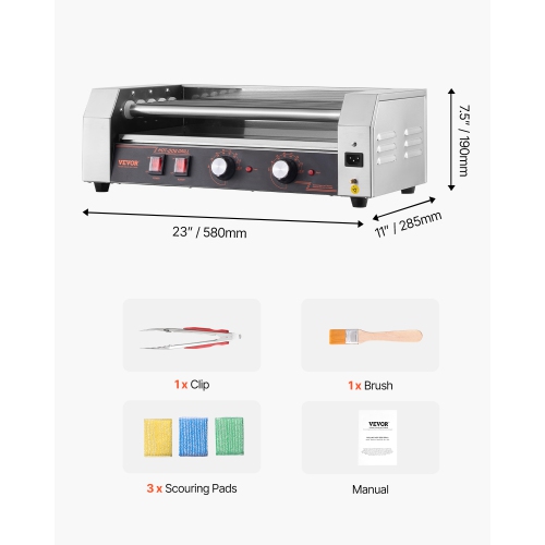 VEVOR 750W Hot Dog Roller, 12 Hot Dog 5 Rollers, Stainless Steel Sausage Grill Cooker, Hot Dog Machine with Dual Temp Control, Removable Oil Drip