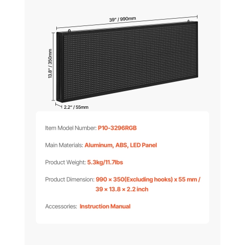 VEVOR P10 Programmable LED Sign,Full Color Flexible Digital Scrolling Panel, DIY Custom Text Pattern GIF Display Board, Bluetooth APP Control Message