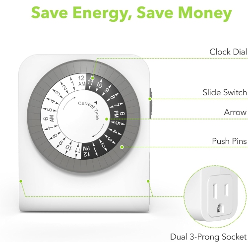 BN-LINK Indoor Dual Outlet Timers, Heavy-Duty Mechanical, 24-Hour, 3-Prong Design with 30-Minute Intervals for Lamps, Indoor Lighting, and Christmas