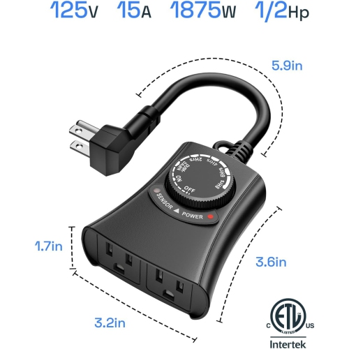 HBN Outdoor Light Timer - Waterproof, Dusk-to-Dawn Photocell, Remote, 2/4/6/8 Countdown, 2 Grounded Outlets, 1875W 15A 1/2HP, Black