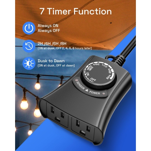 HBN Outdoor Light Timer - Waterproof, Dusk-to-Dawn Photocell, Remote, 2/4/6/8 Countdown, 2 Grounded Outlets, 1875W 15A 1/2HP, Black